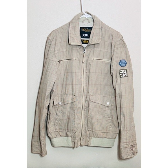 Fishbone Other - Fishbone Mens Tan Plaid Full Zip Bomber Jacket XXL Multi Pocket Utility‎ Patch